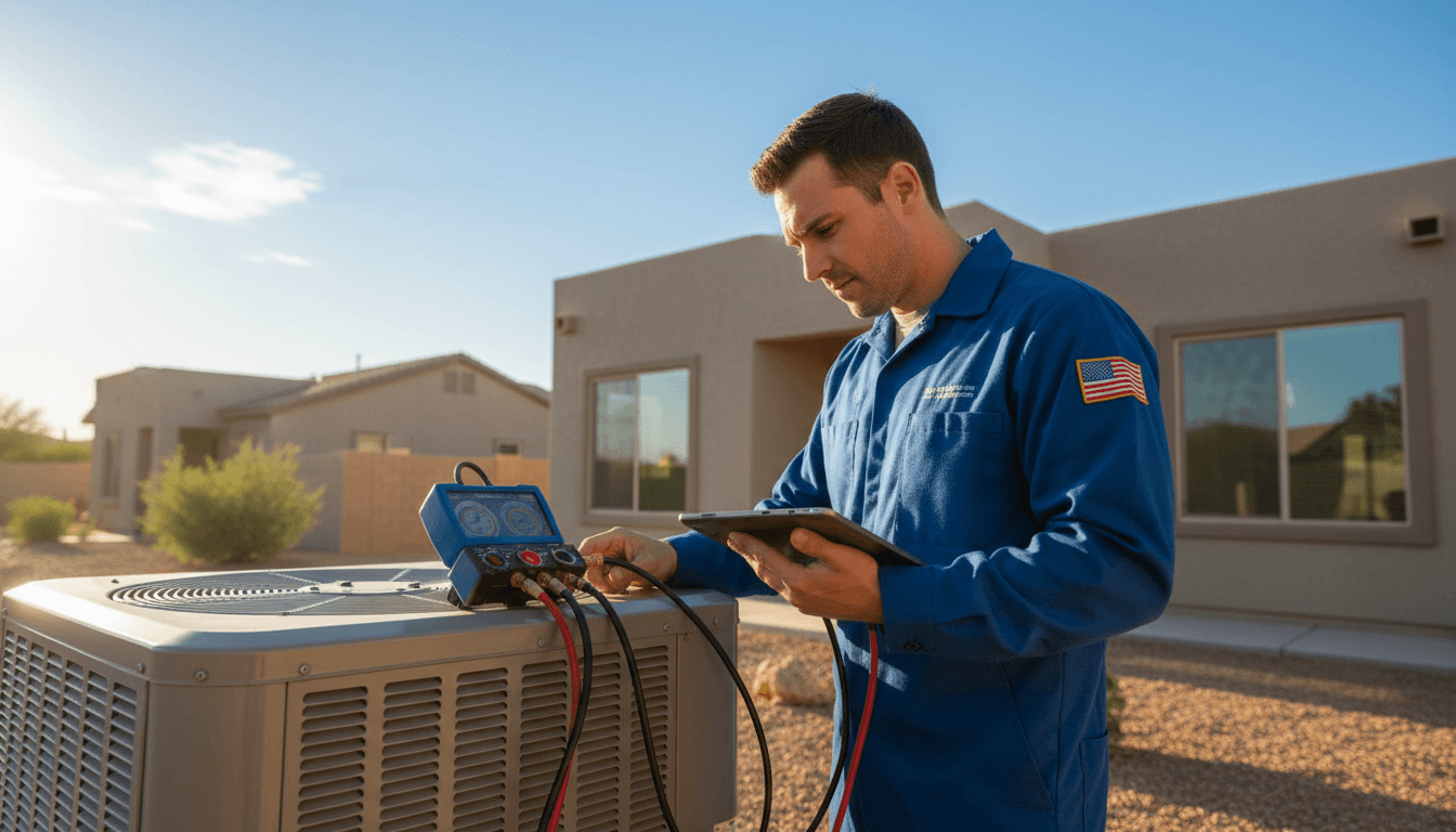 Professional HVAC technician servicing air conditioning unit in Phoenix
